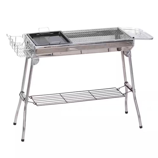 Portable Folding Charcoal BBQ Grill in Silver Stainless Steel Camp Picnic Cooker with a Large Non-Stick Cooking Space