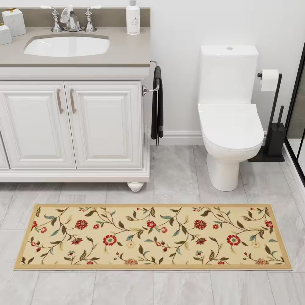 Ottohome Collection Non-Slip Rubberback Floral Leaves 2 X 5 Indoor Runner Rug, 1 Ft. 8 In. X 4 Ft. 5 In., Beige