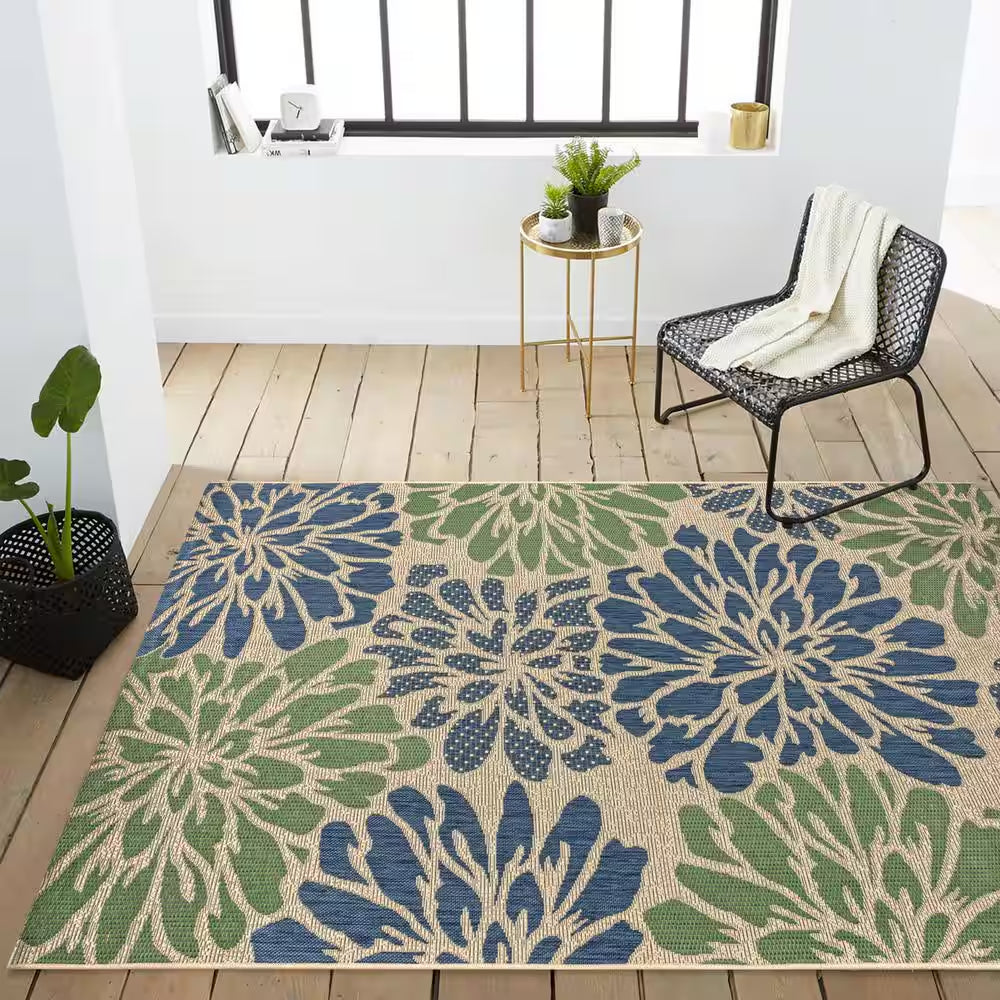 Zinnia Navy/Green 8 Ft. X 10 Ft. Floral Indoor/Outdoor Area Rug
