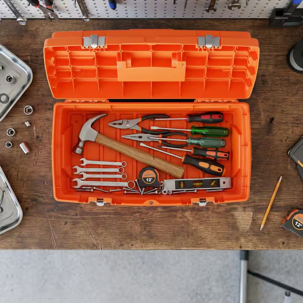 19 In. Plastic Portable Toolbox with Removable Tray in Orange