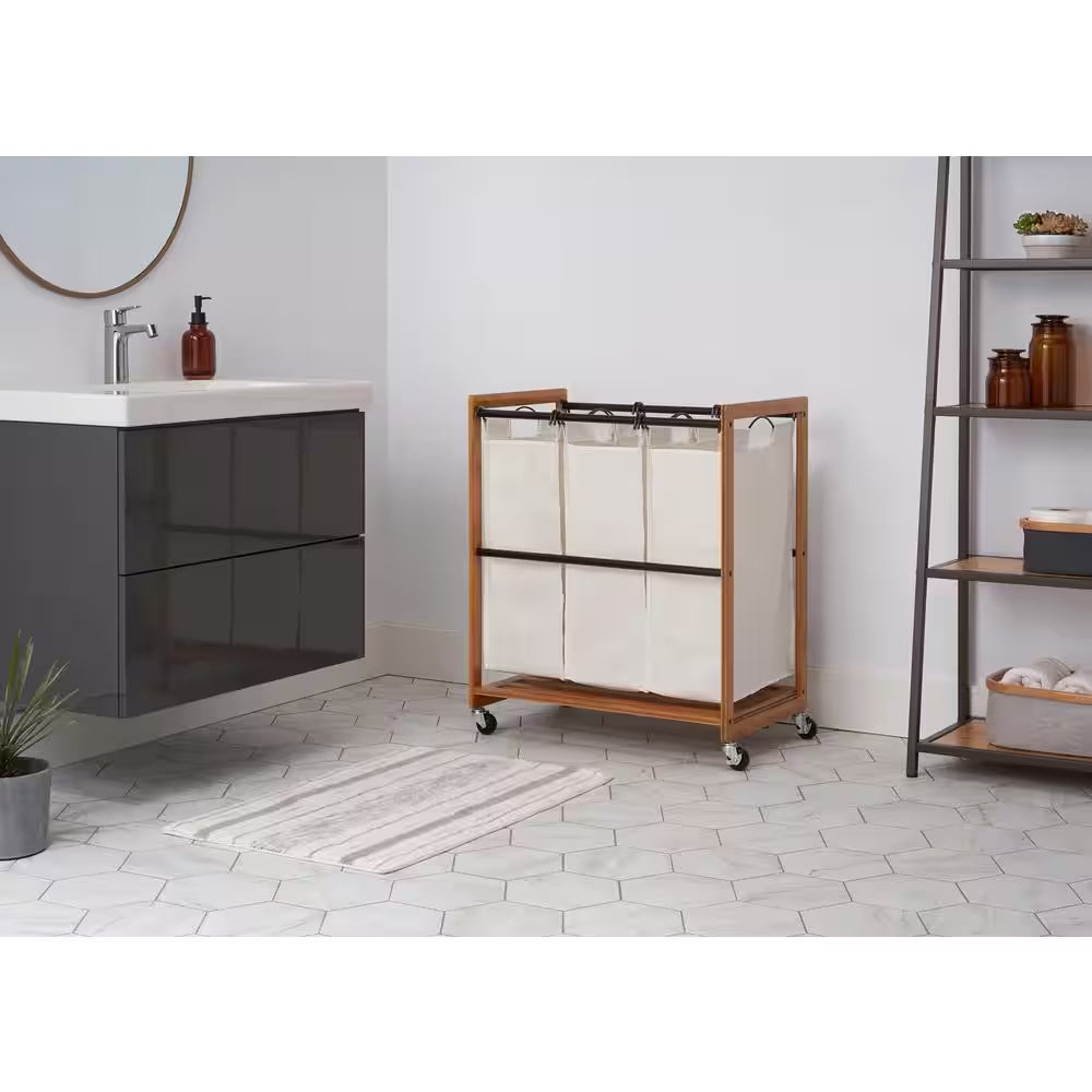 Ecostorage Wheeled 3-Bag Bamboo Laundry Cart with Bronze Poles