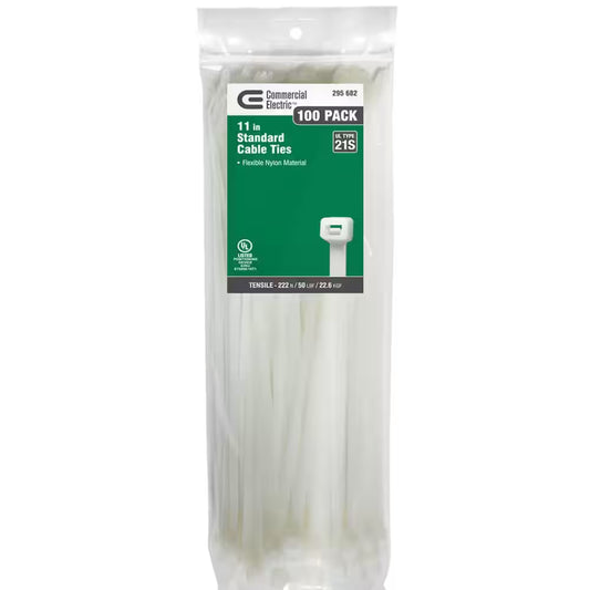 11In Standard 50Lb Tensile Strength UL 21S Rated Cable Zip Ties 100 Pack Natural (White)