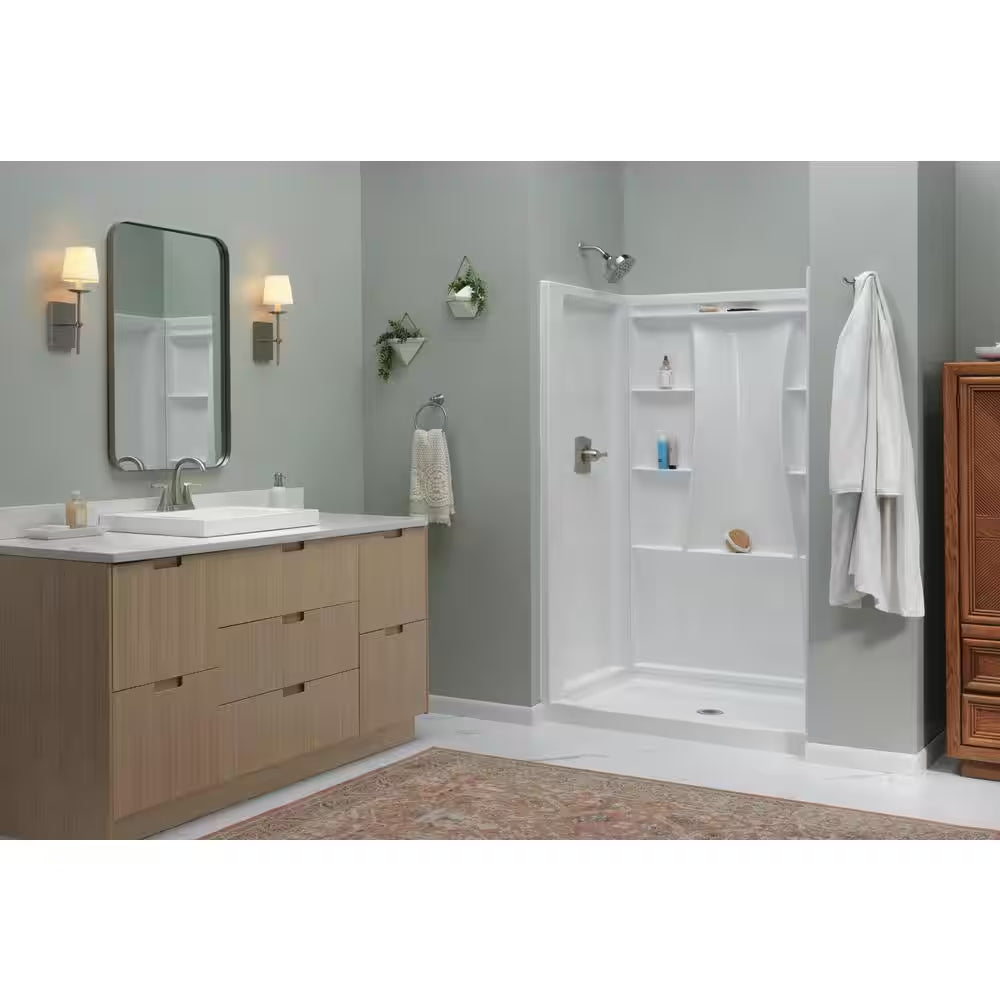 Classic 500 48 In. L X 34 In. W Alcove Shower Pan Base with Center Drain in High Gloss White