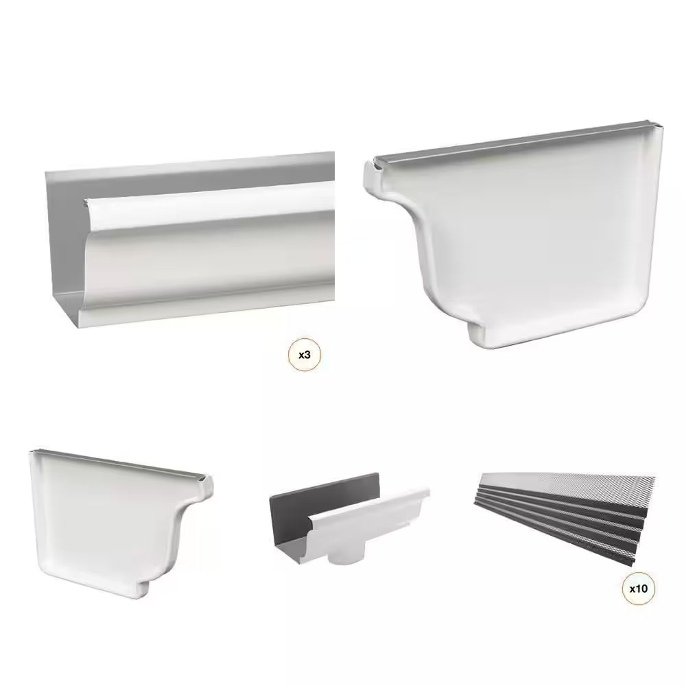 5 In. X 10 Ft. White Aluminum Gutter Combo with End Caps, Drop Outlet, and Gutter Guard