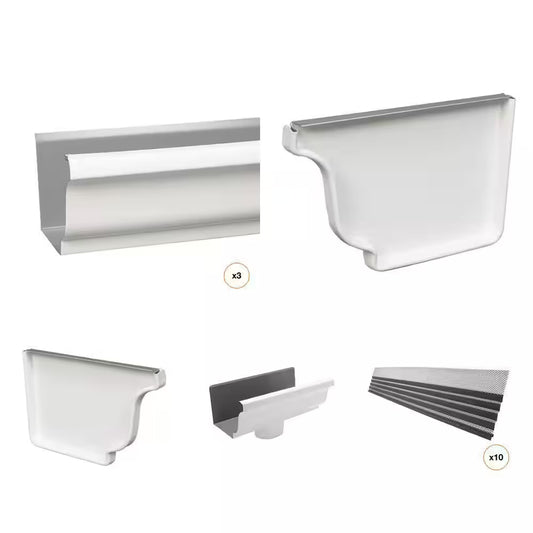 5 In. X 10 Ft. White Aluminum Gutter Combo with End Caps, Drop Outlet, and Gutter Guard