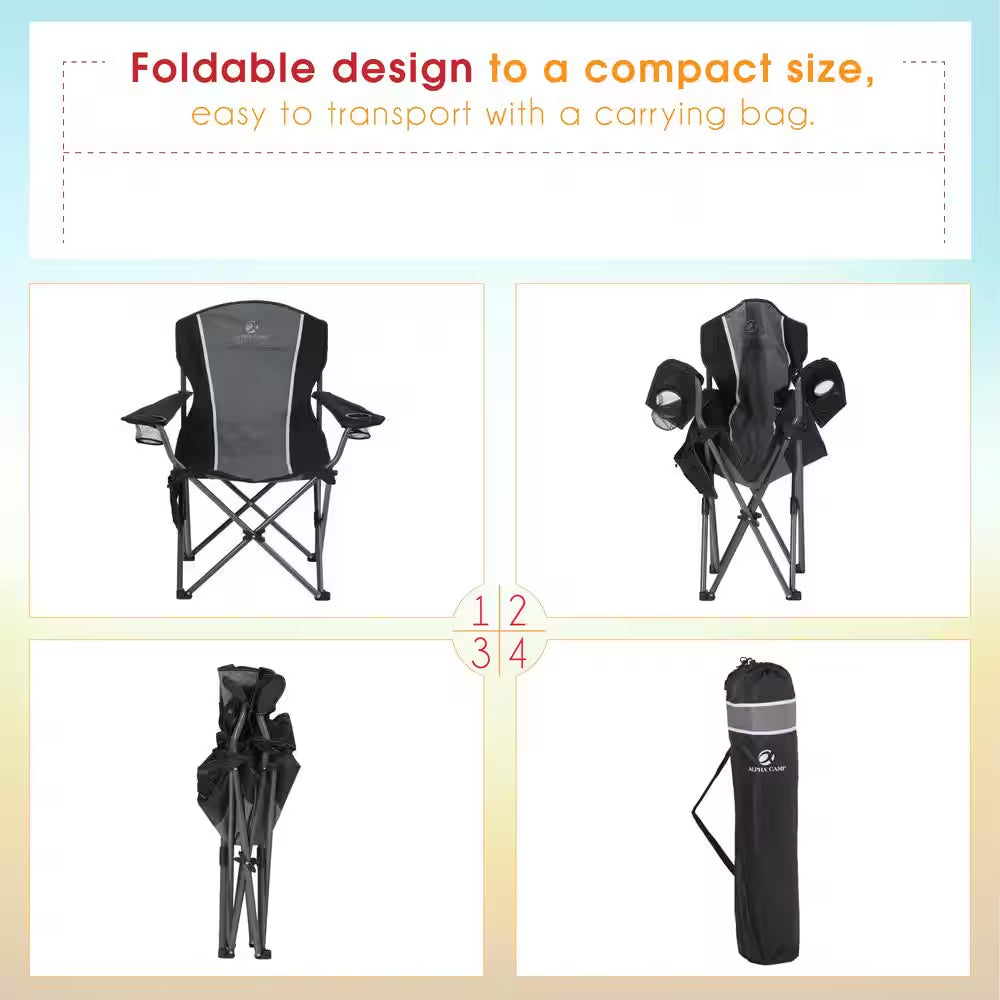 Oversized Foldable Black Camping Chair with Heavy-Duty Steel Frame