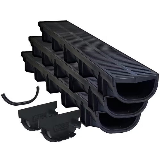Compact Series 5.4 In. W X 3.2 In. D X 39.4 In. L Trench and Channel Drain Kit with Black Grate (3-Pack : 9.8 Ft)