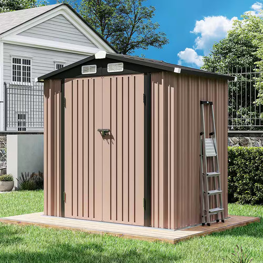 6 Ft. W X 4 Ft. D Brown Metal Shed with Lockable Door and Vents for Tool, Garden, Bike (24 Sq. Ft.)