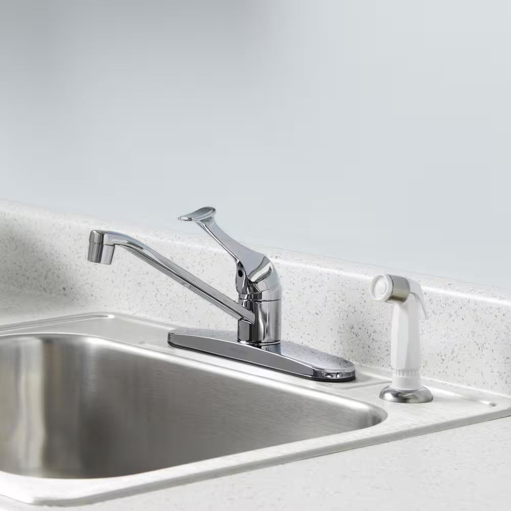 Single-Handle Standard Kitchen Faucet with White Side Sprayer in Polished Chrome