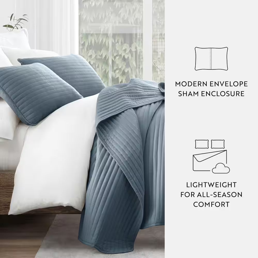 All Season 3-Pcs Dusk Blue Microfiber Twin/Twin XL Stripe Stitch Quilt Set with Shams
