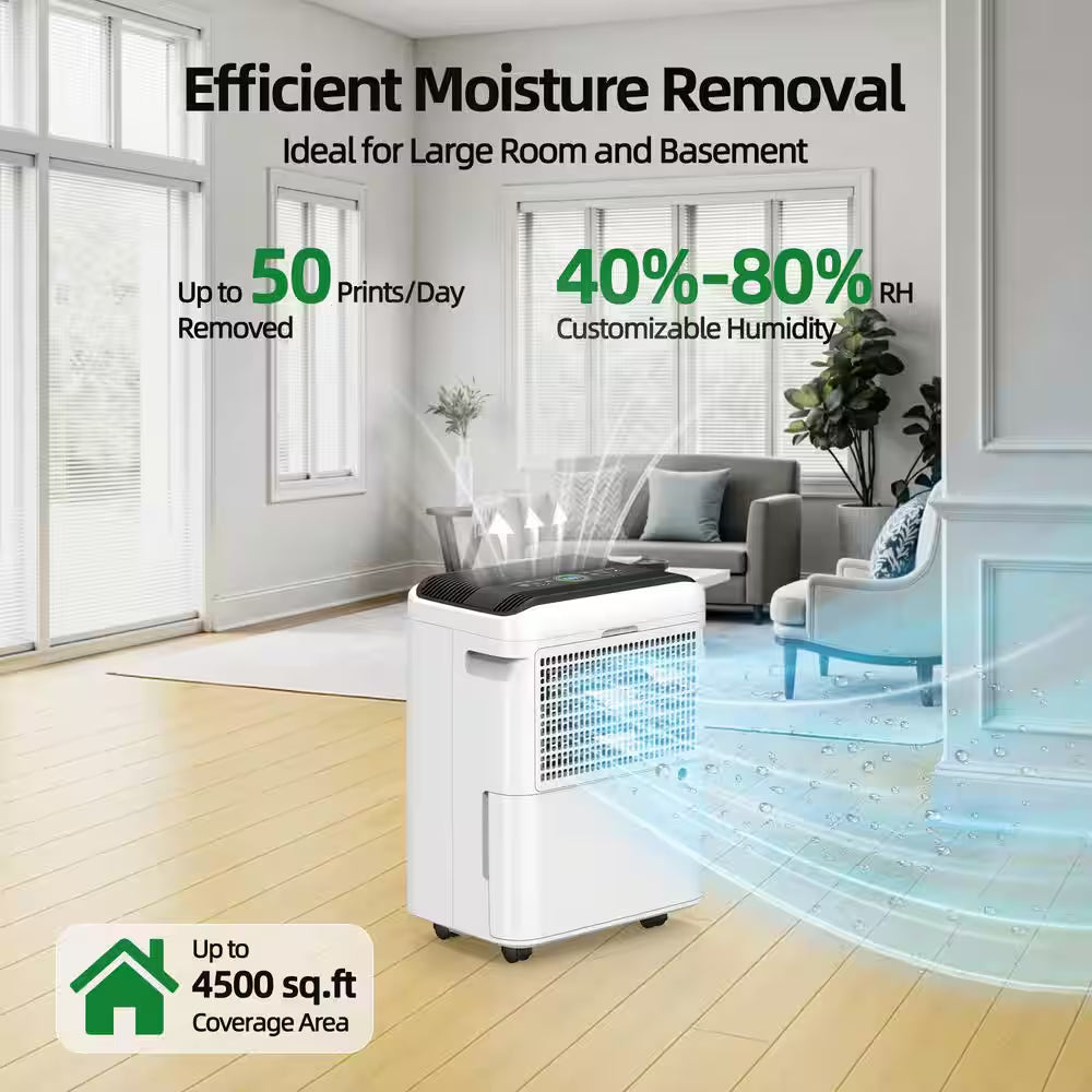 50 Pt. 4,500 Sq. Ft. Dehumidifier in White with Drain Hose and Bucket, Auto Defrost, Low Noise, Dehumidify Efficiently