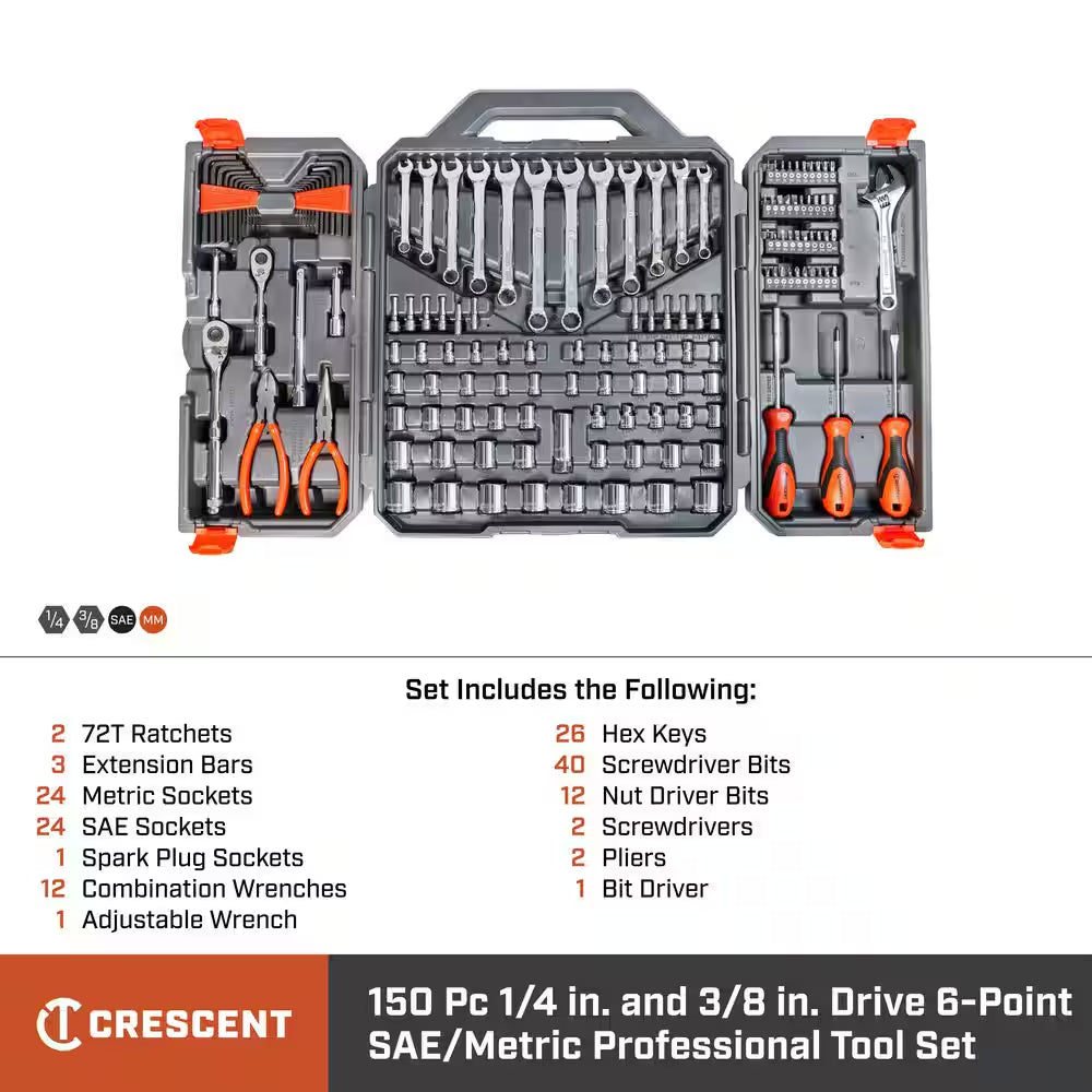 1/4 In. and 3/8 In. Drive 6-Point Standard Sae/Metric Mechanics Tool Set with Case (150-Piece)