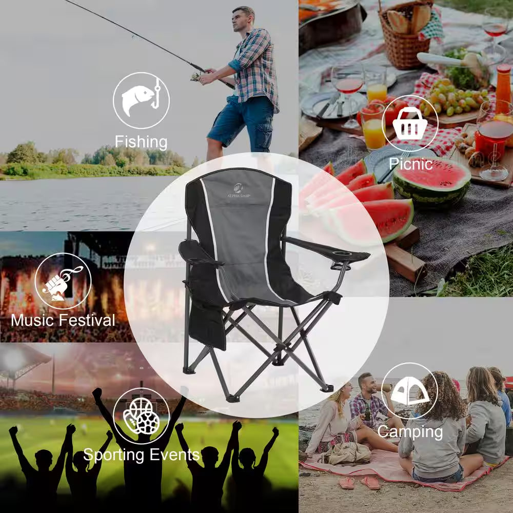 Oversized Foldable Black Camping Chair with Heavy-Duty Steel Frame