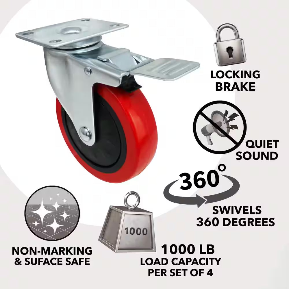 4 In. Red Polyurethane and Steel Swivel Plate Locking Caster Wheel with 250 Lb. Load Rating