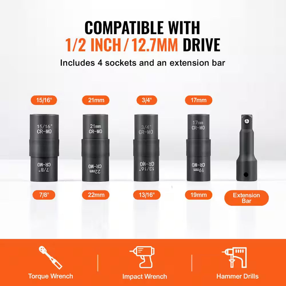 Lug Nut Impact Socket Set, 1/2 In. Drive Metric and SAE 6-Point Flip Socket Set, 4 Total Lug Nut Sizes