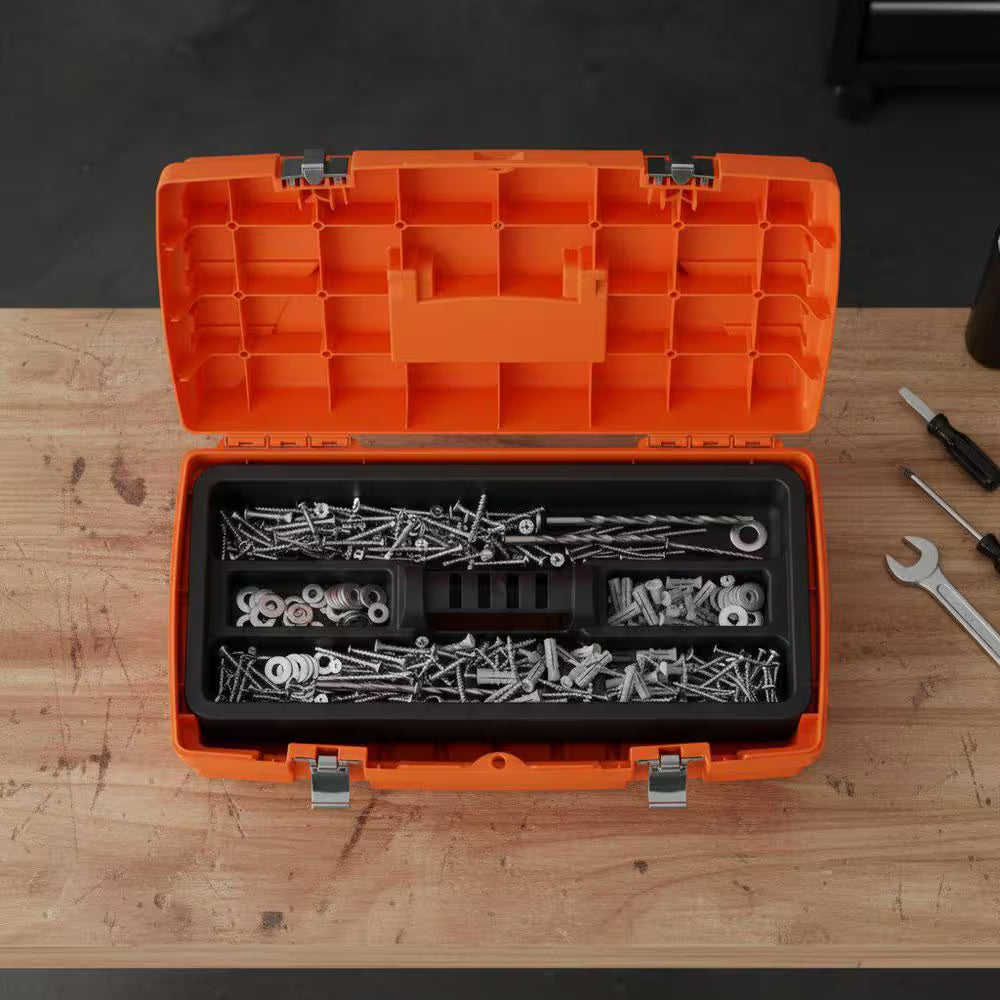 19 In. Plastic Portable Toolbox with Removable Tray in Orange