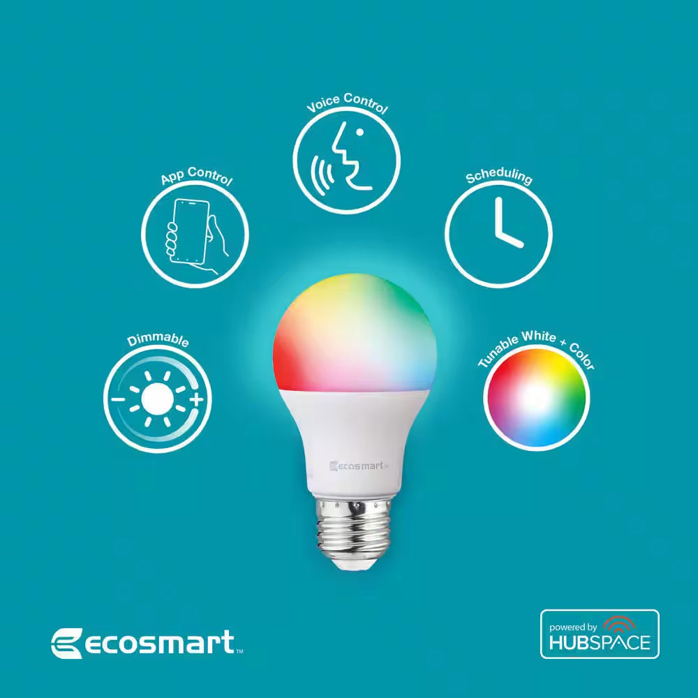 60-Watt Equivalent Smart A19 Color Changing CEC LED Light Bulb with Voice Control (4-Bulb) Powered by Hubspace