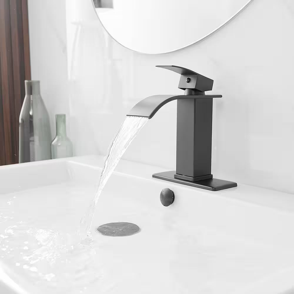 Waterfall Single Handle Single Hole Low-Arc Bathroom Faucet Bathroom Drip-Free Vanity Sink Faucet in Matte Black