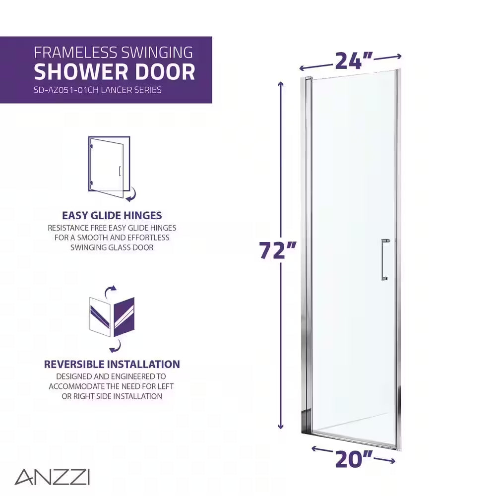 Lancer Series 23.4 In. X 72 In. H Hinged Frameless Shower Door in Polished Chrome with Tsunami Guard Tempered Glass