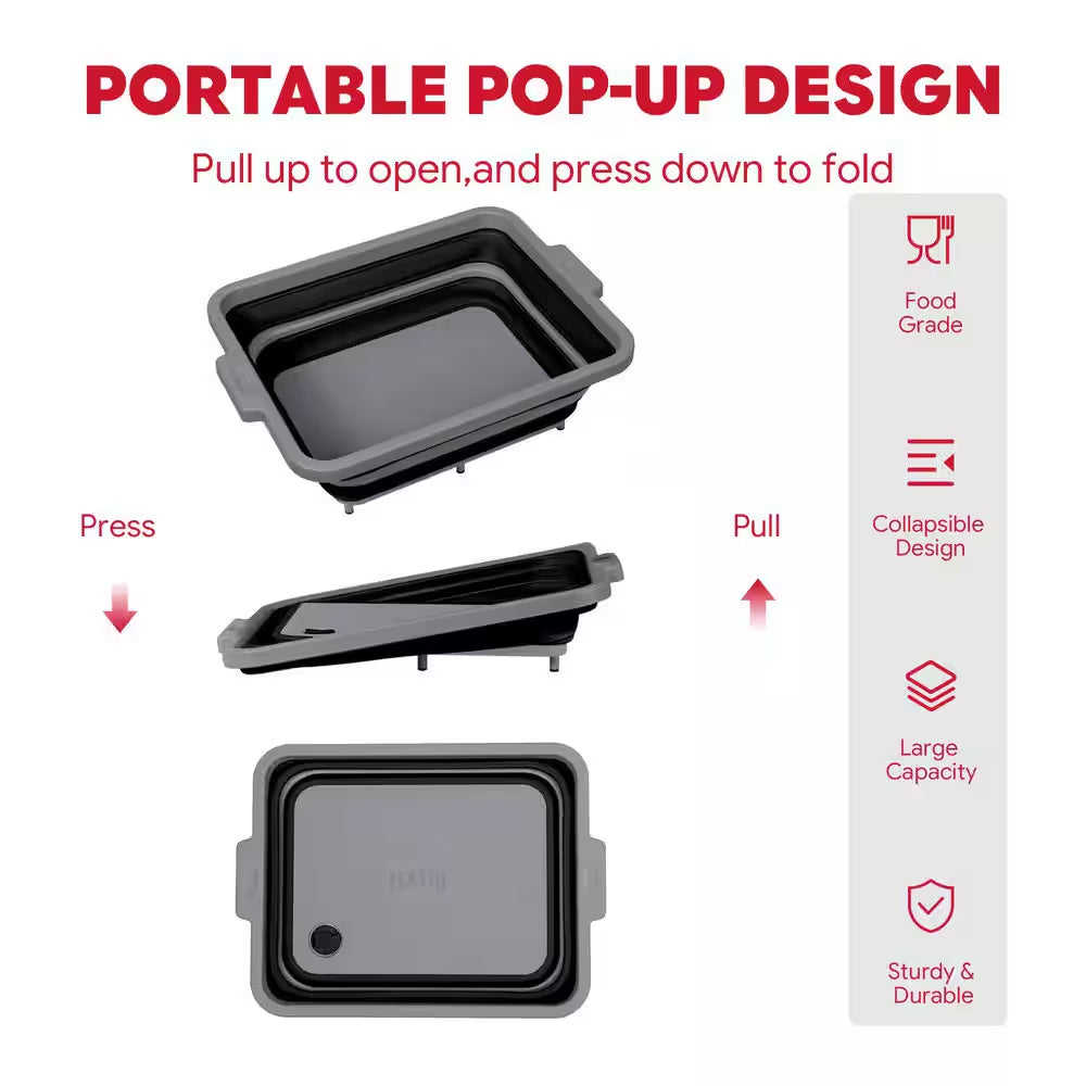 9-Piece Multifunctional Collapsible BBQ Prep Tub with Cutting Board, Portable Grill Tool Set, Black