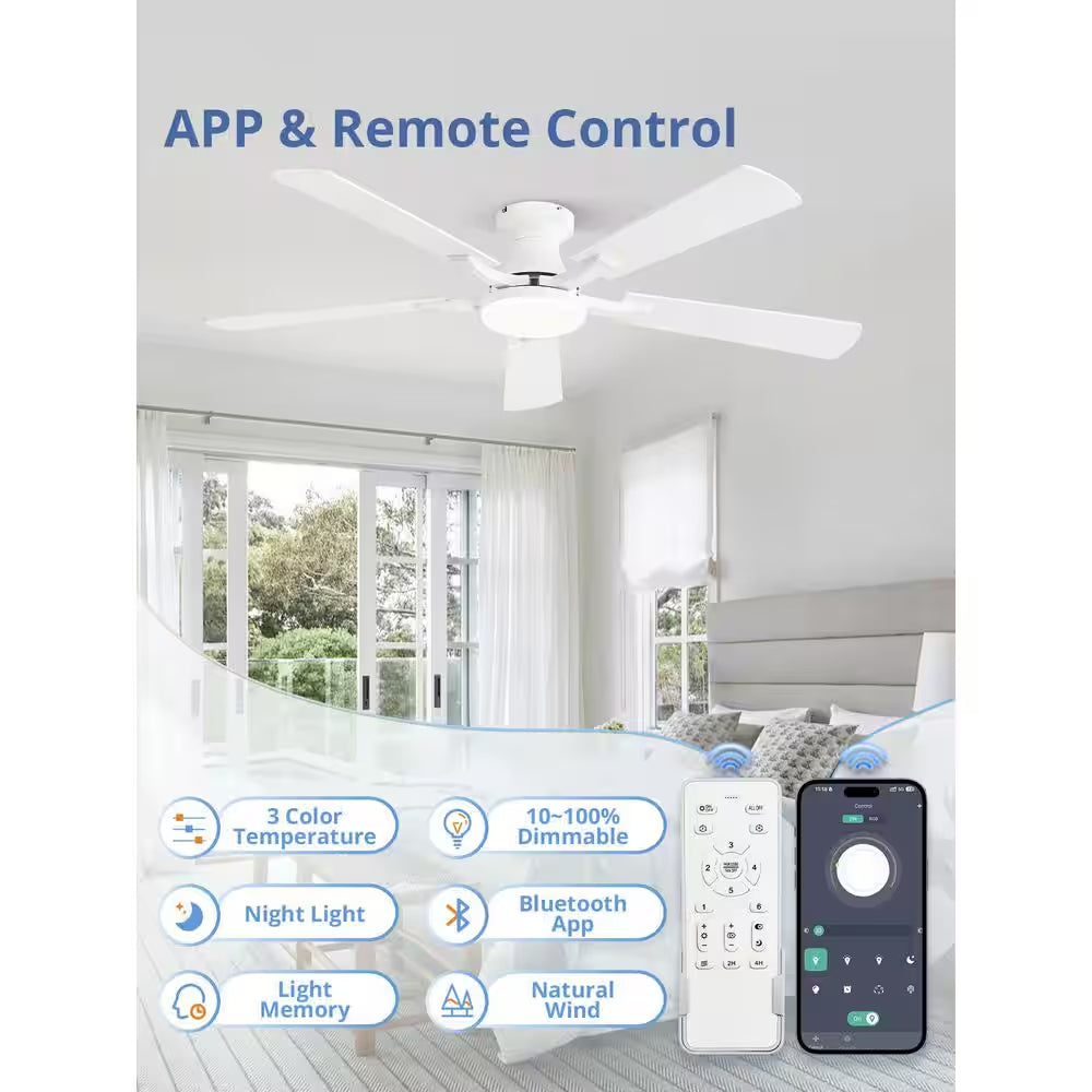 52 In. White Indoor Dimmable LED 6-Speed Low Profile Ceiling Fan with Lights and Remote Control Dual-Finish Blades