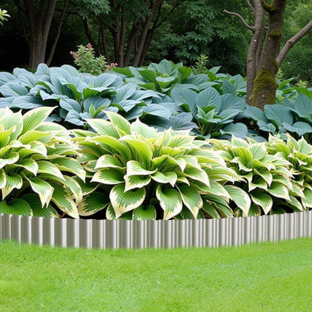 120 In. X 8 In. Silver Metal Corrugated Garden Edging, Strong Galvanized Iron Edging Strips with Rolled Edge Design
