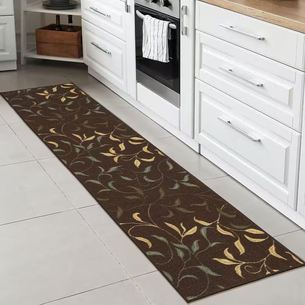 Ottohome Collection Non-Slip Rubberback Leaves Design 3X10 Indoor Runner Rug, 2 Ft. 7 In. X 9 Ft. 10 In., Dark Brown