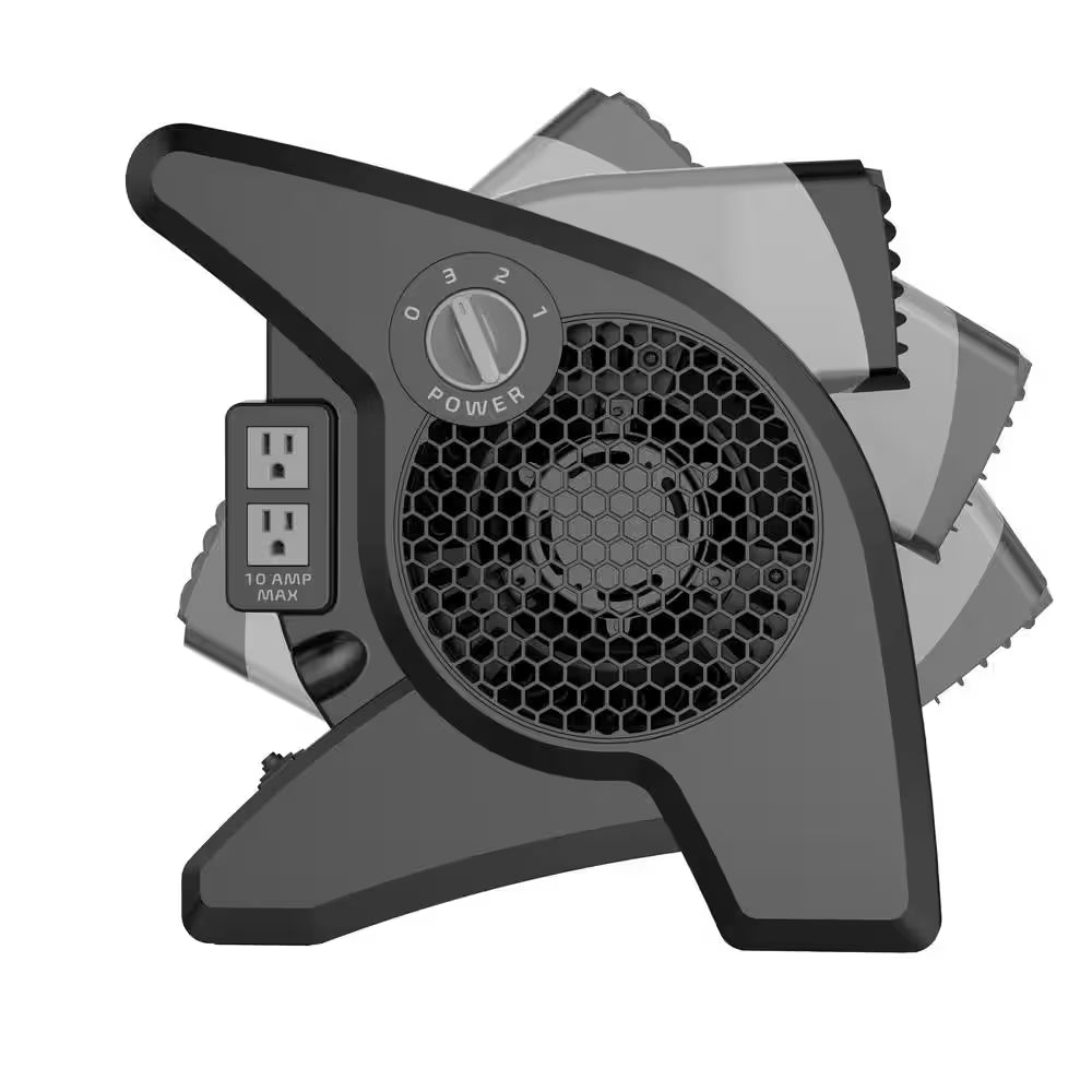 Pivoting 11.2 In. 3 Speed High Velocity Blower Fan for Home, Job Site in Gray, 375 CFM, 2 120V Outlets, Circuit Breaker