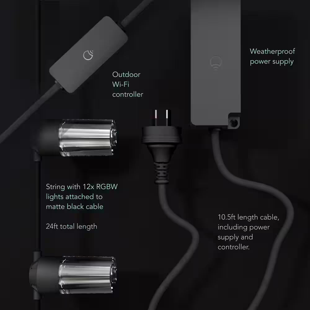 12-Light 24 Ft. Outdoor Plug-In RGB Integrated LED Smart Wi-Fi String Light, Works with Alexa/Hey Google/Homekit/Siri