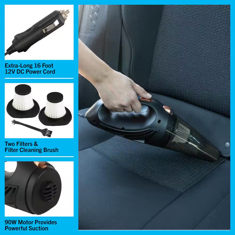 12V High-Powered Handheld Vacuum with Detailing Attachments - Travel Case Included for Car or Home
