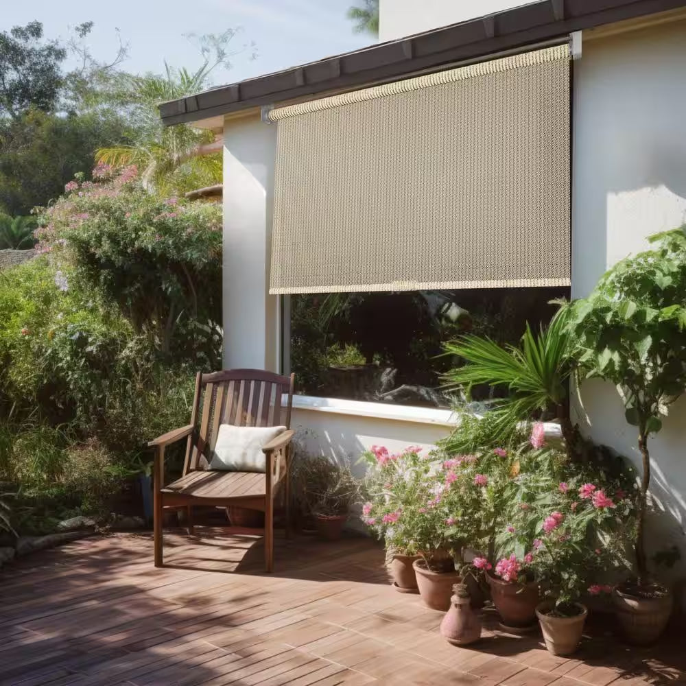 Natural Cordless UV Blocking Fade Resistant Polypropylene Outdoor Roller Shade 48 In. W X 66 In. L