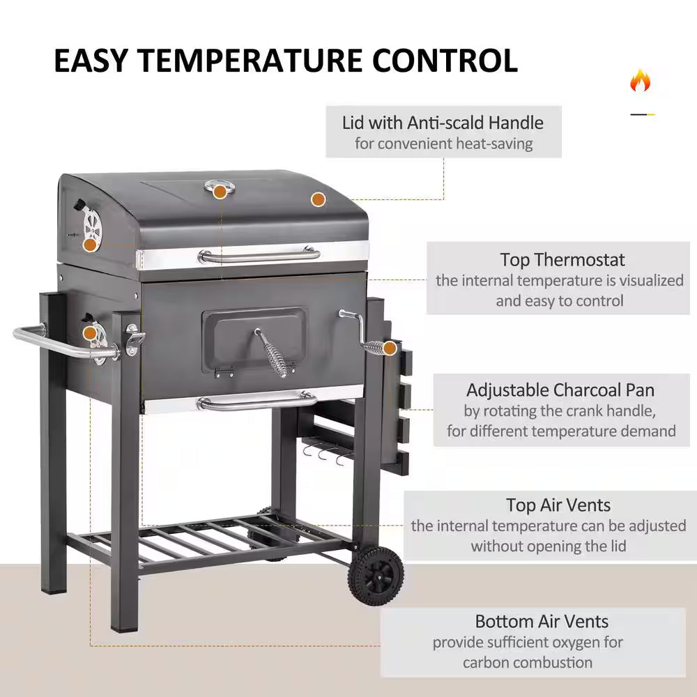 Portable Charcoal Grill in Gray with Side Shelf