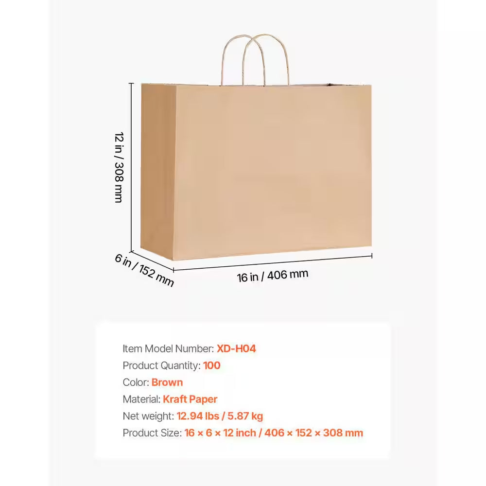 100-Pack Kraft Paper Bags W/ Handles, 16 X 6 X 12 In. Large Reusable and Recyclable, 3 Lbs. Capacity Bags, 2.5Lb.
