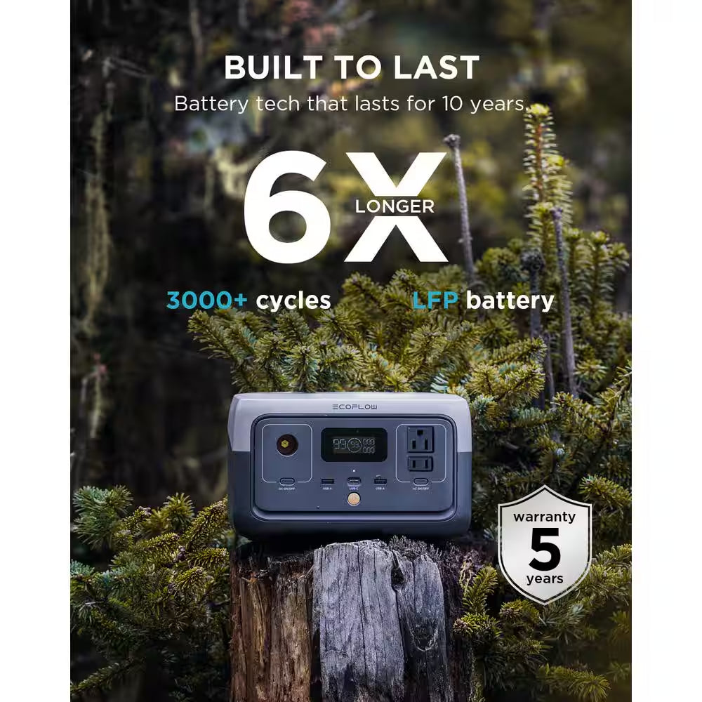 300-Watt Output/600-Watt Peak Push-Button Start Battery Generator RIVER 2 LFP Battery Fast Charging for Outdoor, Camping