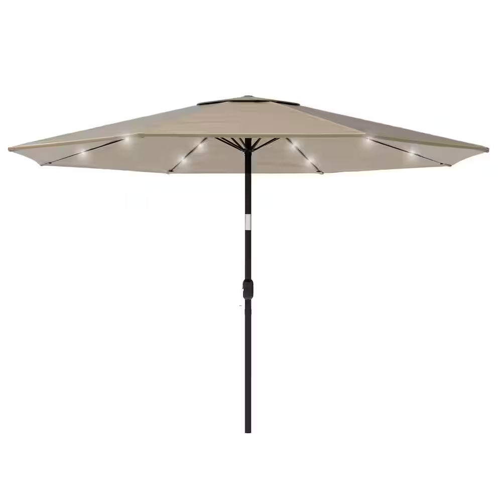 10 Ft. Aluminum Solar LED Lighted Patio Market Umbrella with Auto Tilt, Easy Crank Lift in Tan