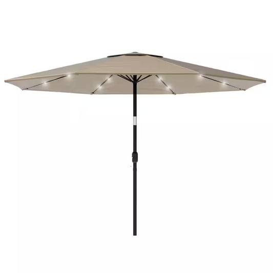 10 Ft. Aluminum Solar LED Lighted Patio Market Umbrella with Auto Tilt, Easy Crank Lift in Tan