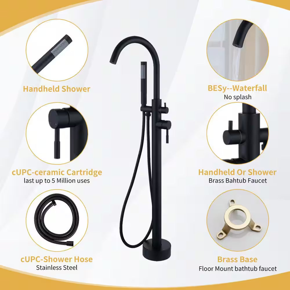 2 Handle Freestanding Tub Faucet with Hand Shower and Feature in Matter Black