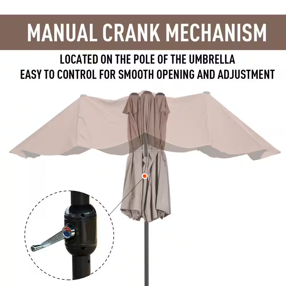 15 Ft. Steel Rectangular Outdoor Double Sided Market Patio Umbrella with UV Sun Protection & Easy Crank in Tan