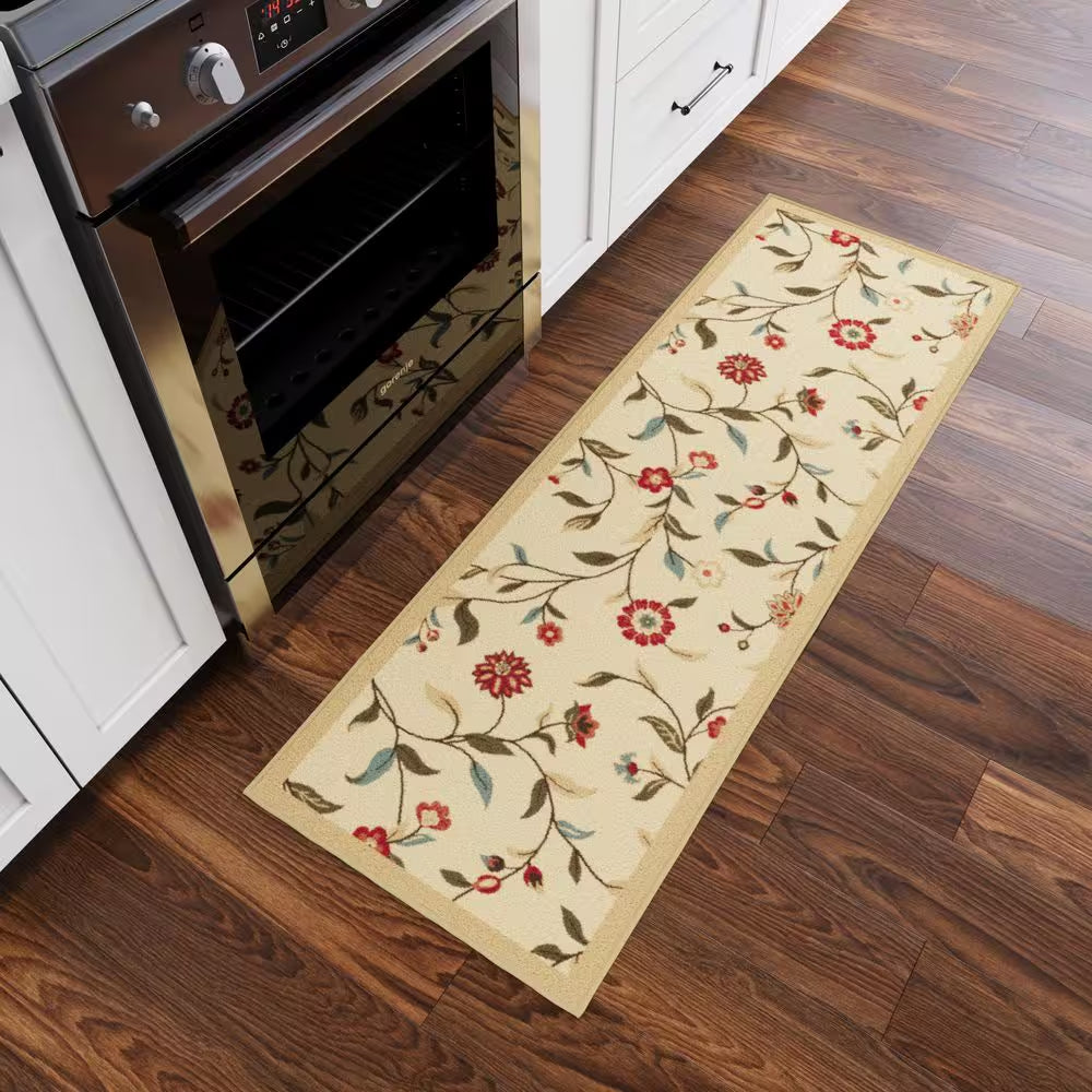 Ottohome Collection Non-Slip Rubberback Floral Leaves 2 X 5 Indoor Runner Rug, 1 Ft. 8 In. X 4 Ft. 5 In., Beige