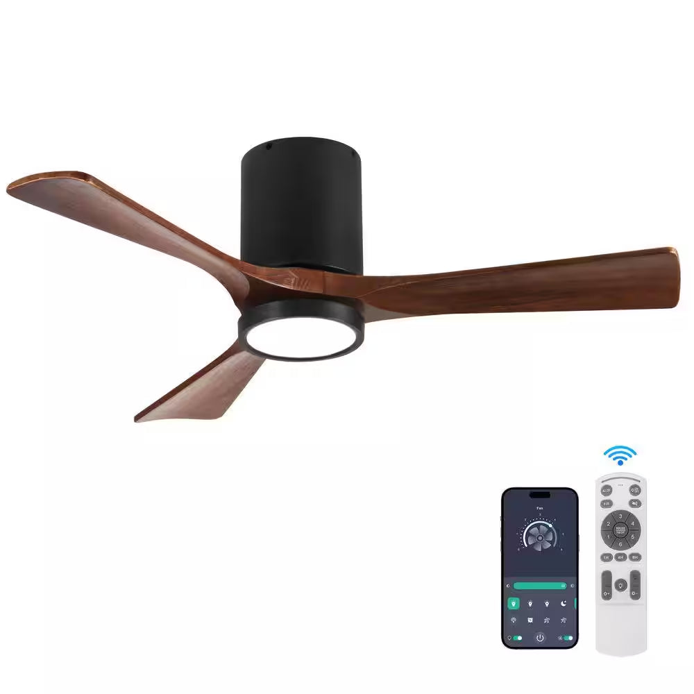 42 Inch Indoor Black Solid Wood 6 Speeds Remote Ceiling Fan with 3 Colors Dimmable LED Light and Reversible DC Motor