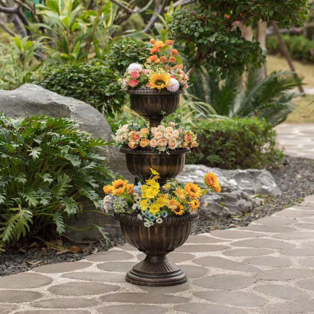 Bronze Outdoor Garden Triple Stacked Flower Bowl Urn Tier Planter Decoration