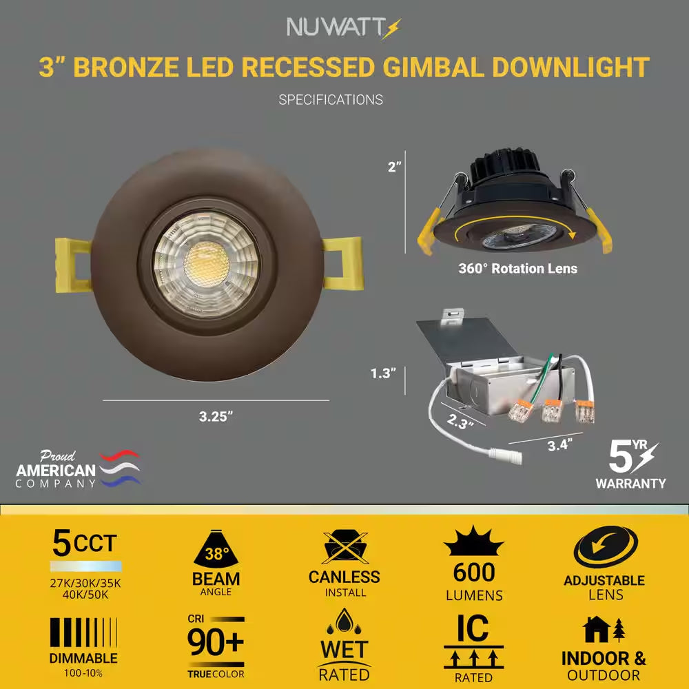 3 In. Canless Bronze round Gimbal Integrated LED Recessed Light Kit 5 CCT 2700K - 5000K New Construction (4-Pack)