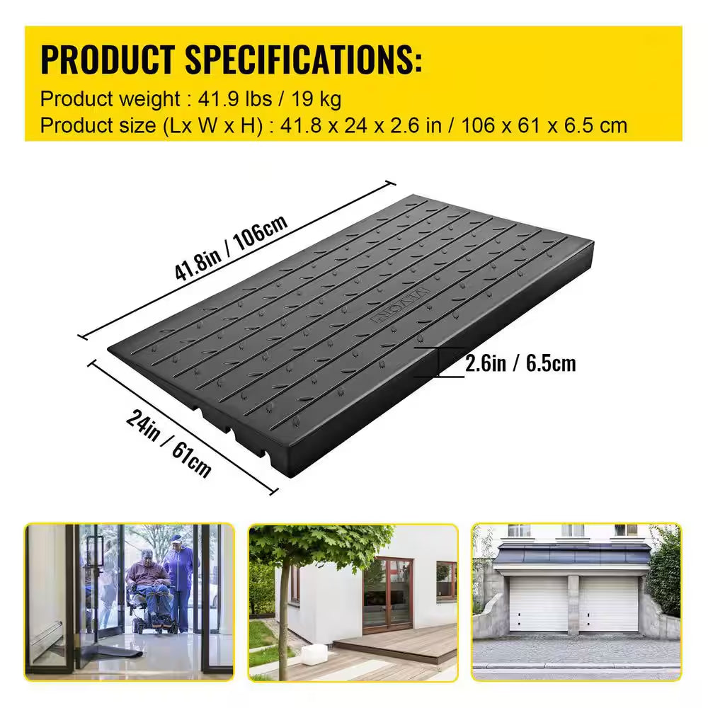 Rubber Threshold Ramp 2,202 Lbs. Load Cap Threshold Ramp Doorway 2.5 In. Rise and 3 Channels for Wheelchair and Scooter