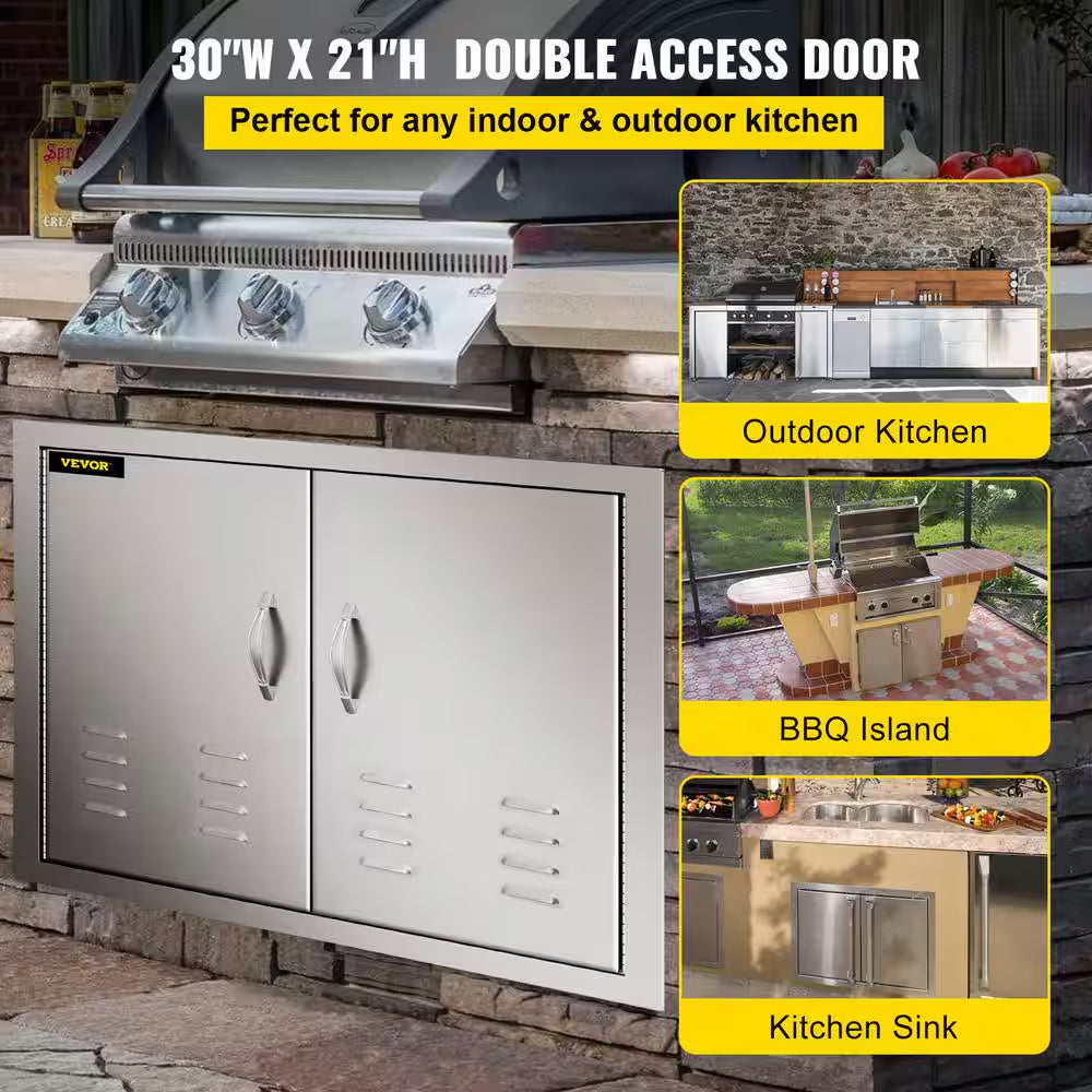 30 In. W X 21 In. H Double Stainless Steel Access Doors with Vents BBQ Grill Doors for Outdoor Use