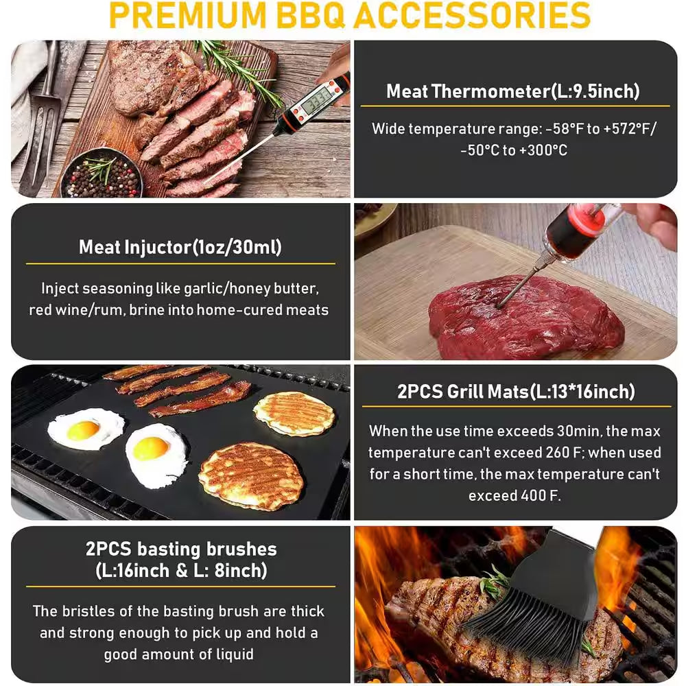 Stainless Steel Grill Cooking Accessory Tool Set 34-Pieces with Carry Bag, Thermometer, Grill Mats for Outdoor Camping