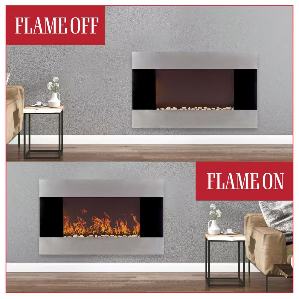 36 In. Stainless Steel Electric Fireplace with Wall Mount and Remote in Silver
