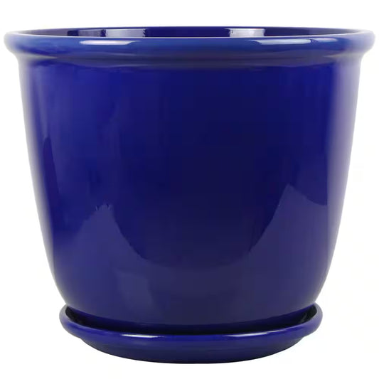 Delphine Large Blue Plastic Planter with Attached Saucer and Drainage Holes (18 In. L X 18 In. W X 15 In. H)