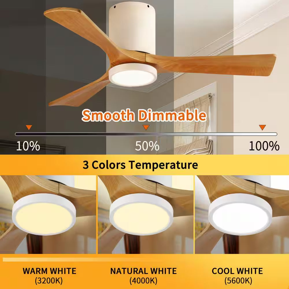 42 In. Smart White 6-Speed Solid Wood Brown Blade Flush Mount Ceiling Fan with 3-Color LED Light and APP, Remote Control