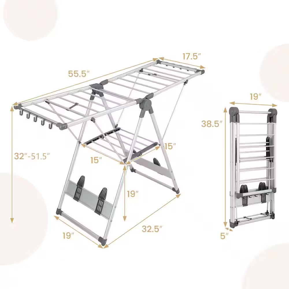 2-Layer Space-Saving Gray Metal Free Standing Drying Rack Collapsible Clothes Drying Rack