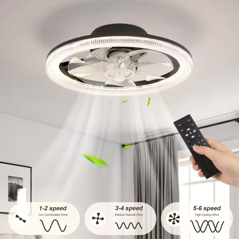 16 In. Smart Modern Indoor Black Low Profile Color Changing Standard Flush Mount Ceiling Fan Light with LED for Bedroom